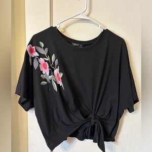SHEIN curve black tie front cropped tshirt with floral design